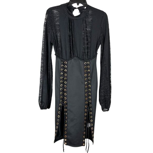 Black Witchy Goth Womens Lace Up Dress Sz M Cybergoth Cosplay Costume - Picture 1 of 11